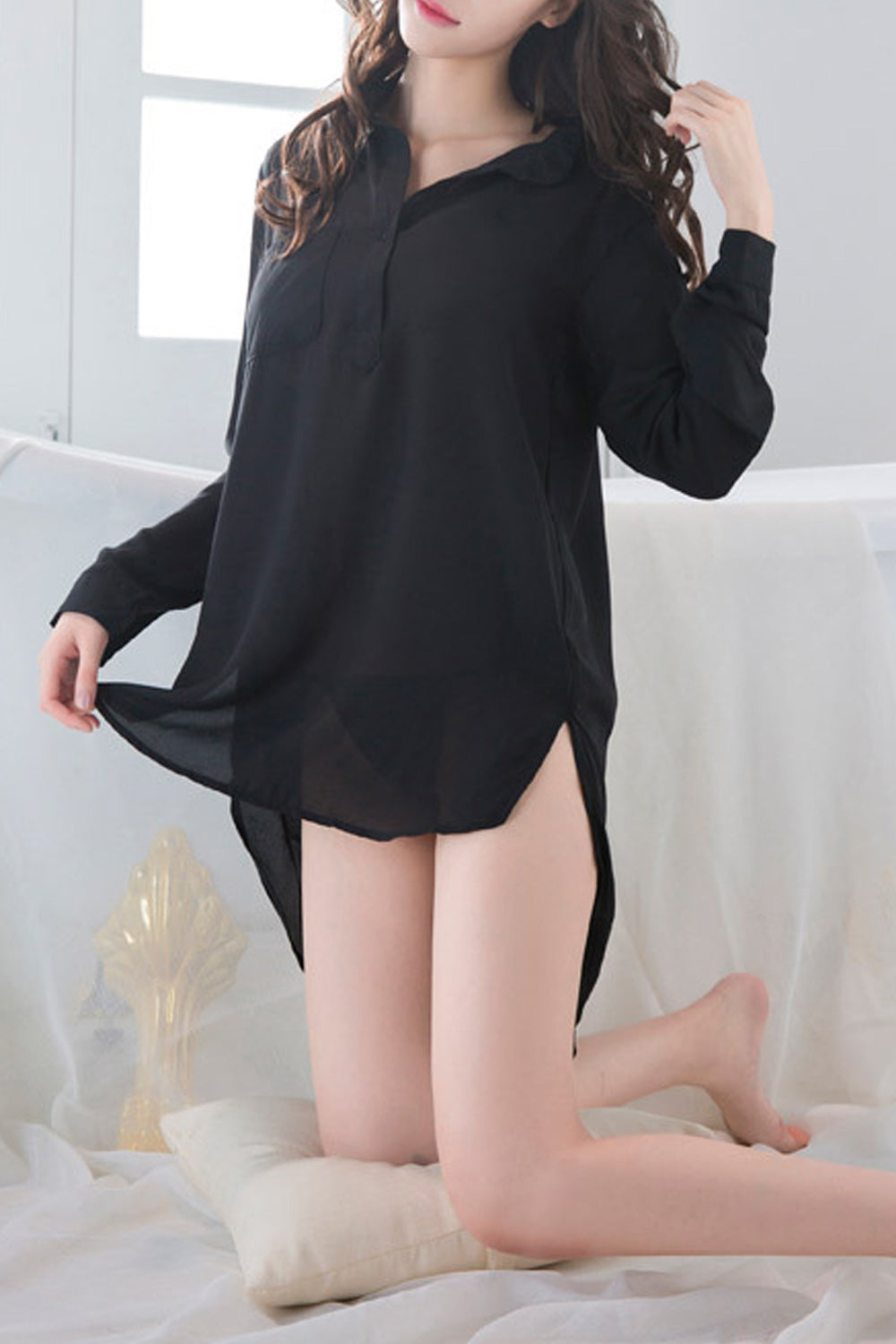 Women Solid Colored Long Sleeves Deep V-Neck Stylish Lingerie