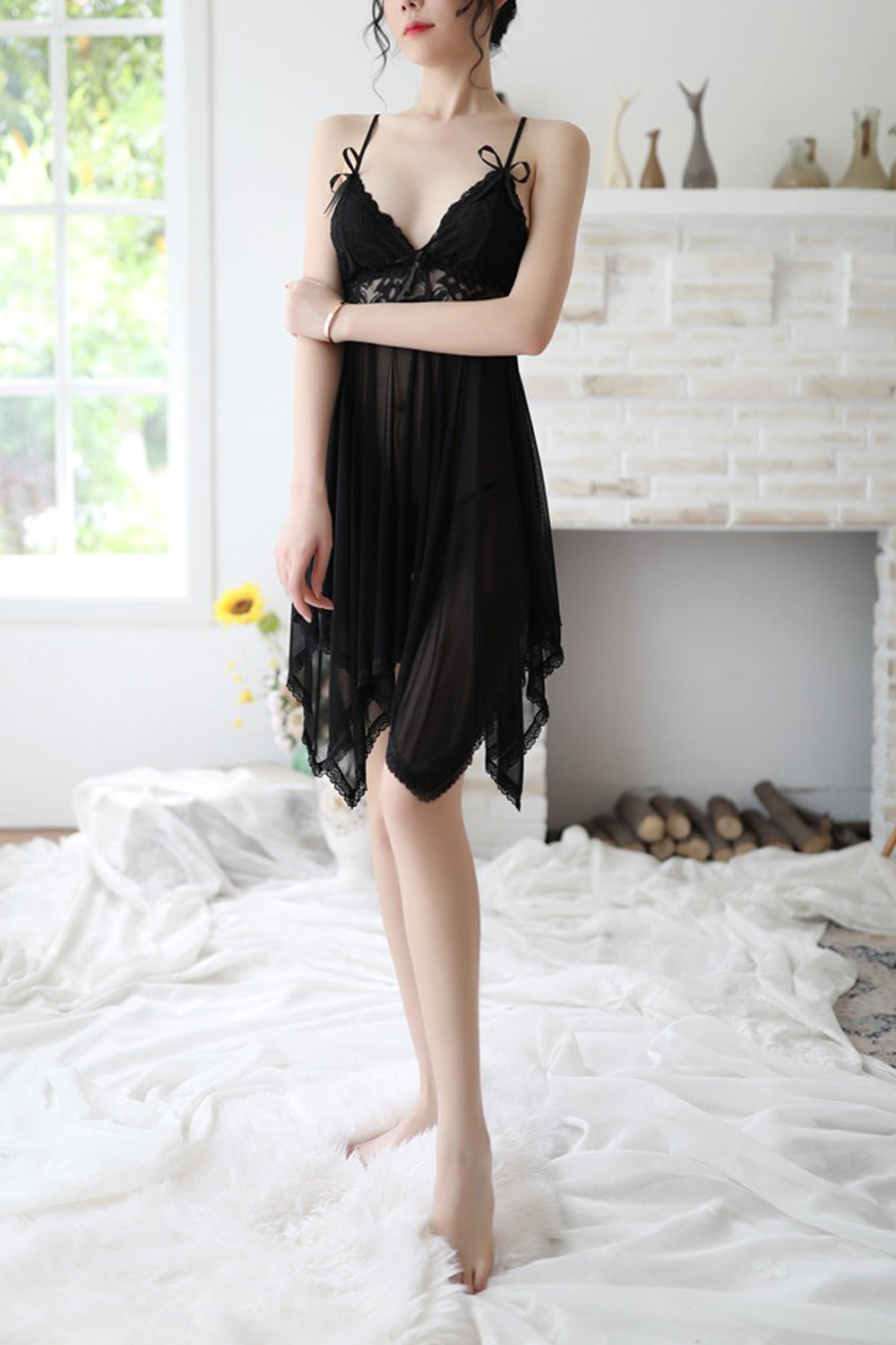 Women Ribbon Attached Blackish Colored Comfy Transparent Lingerie