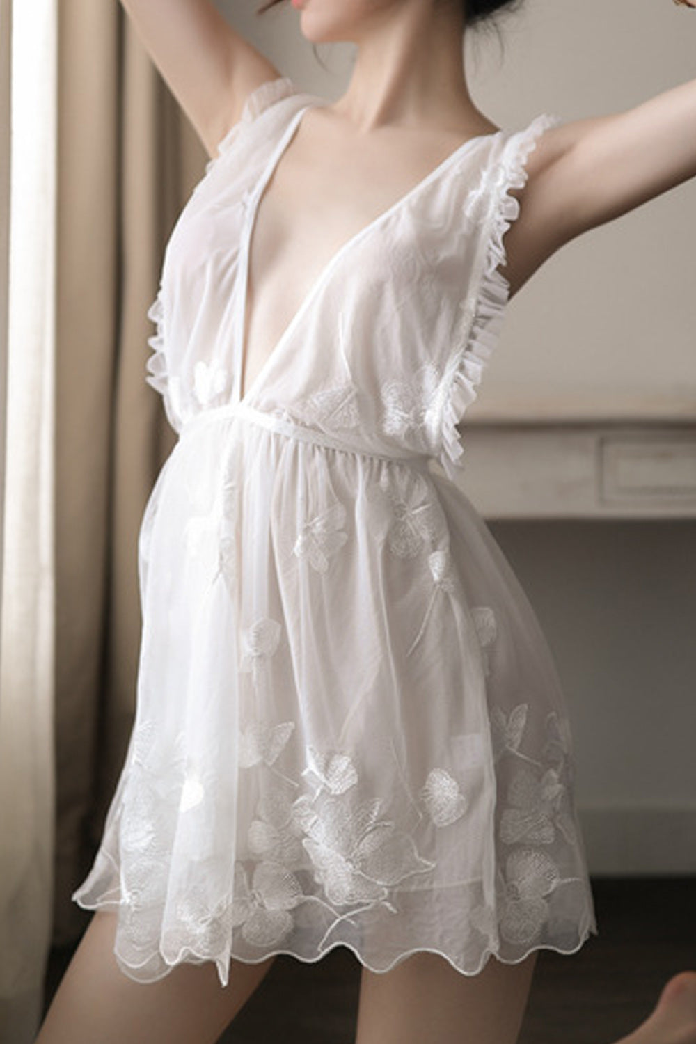 Women Cross Strap Neck Flower Embroidered Pretty Lingerie
