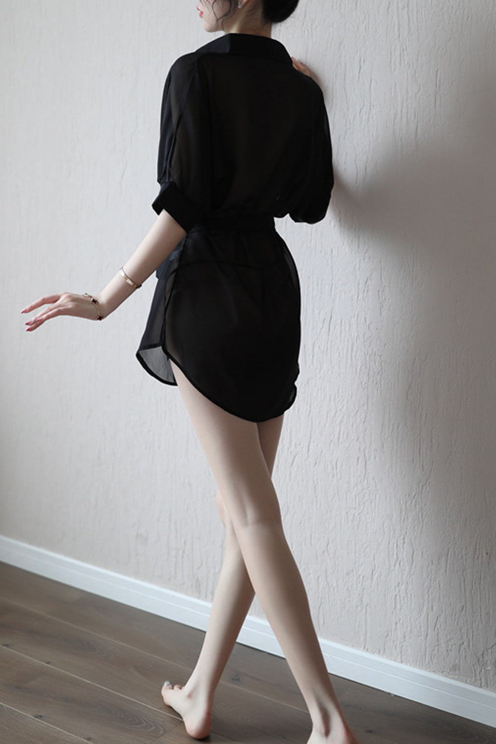Women Collar Neck Short Sleeve Tie Waist Lightweight Lingerie