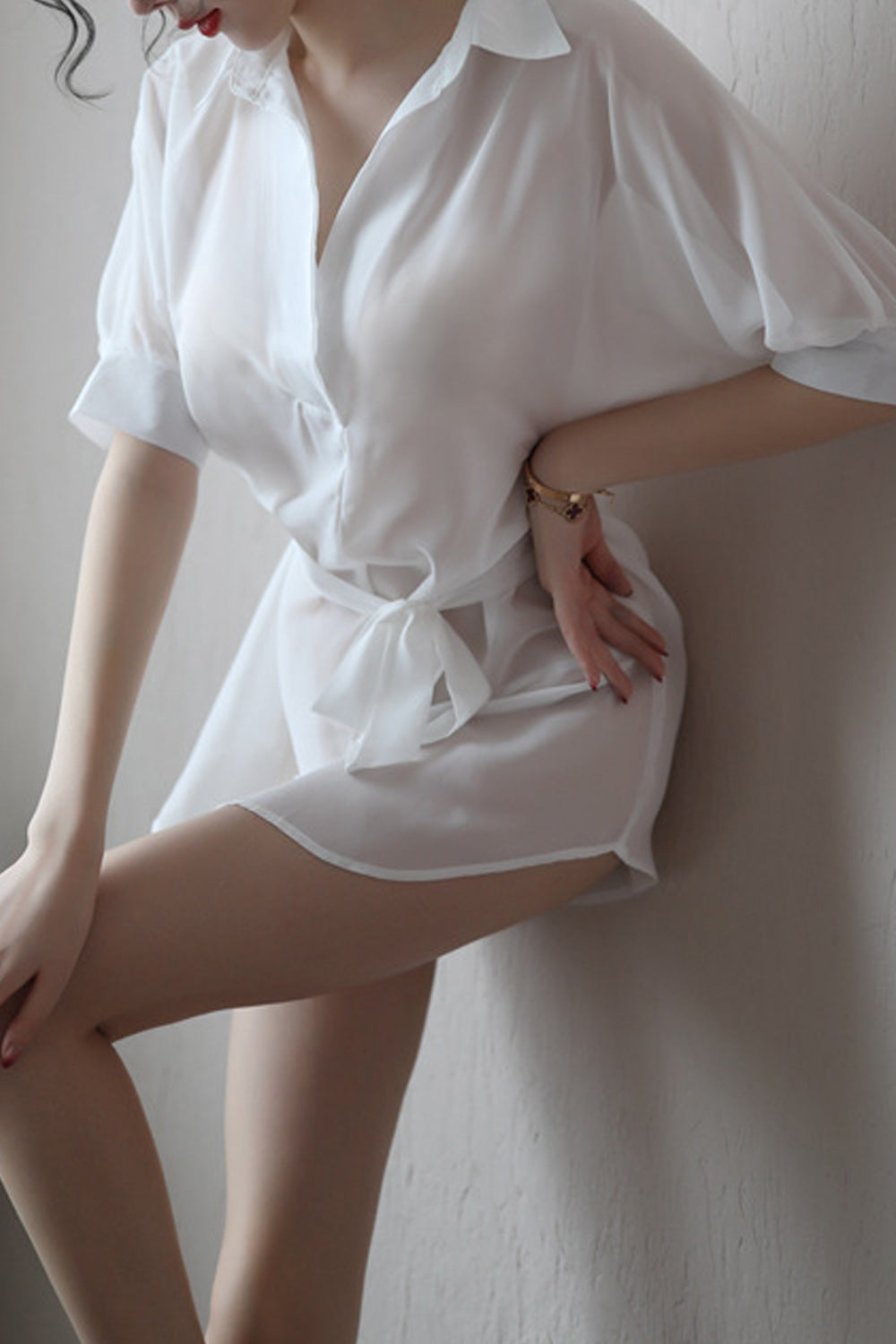 Women Collar Neck Short Sleeve Tie Waist Lightweight Lingerie