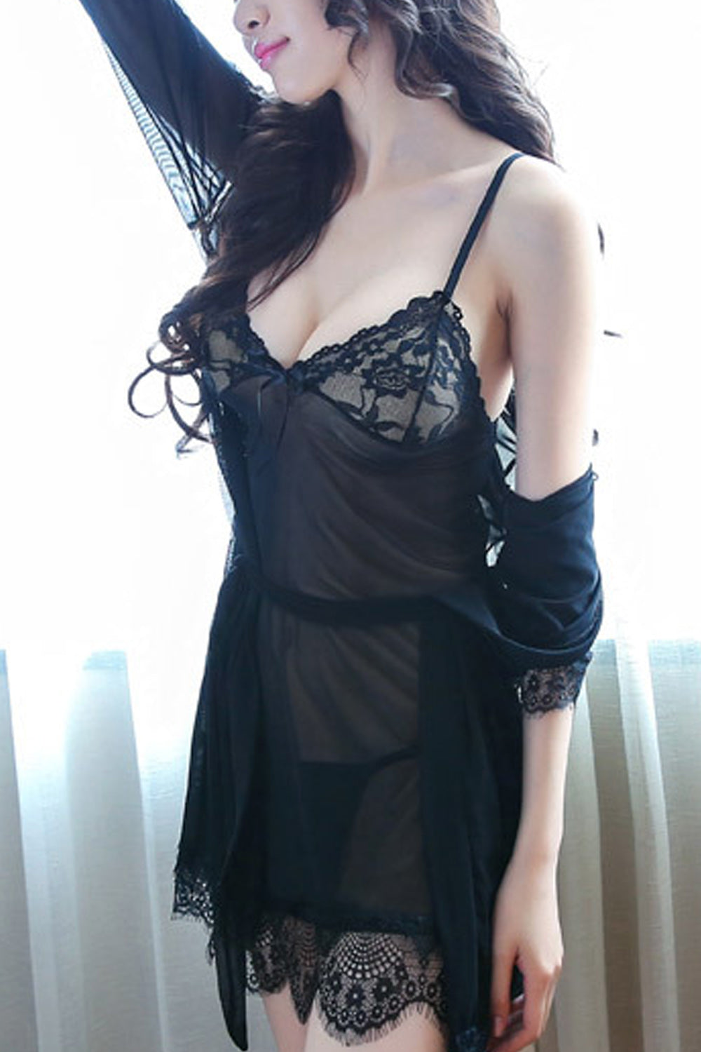 Women Solid Colored Lace Decorated Breathable Strap Neck Lingerie