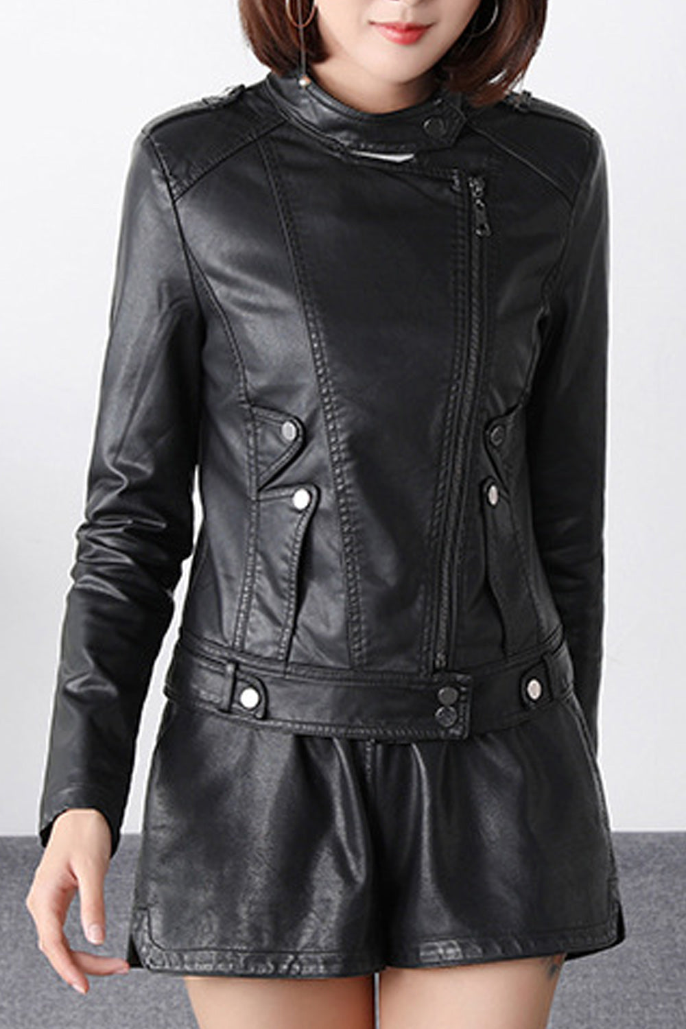 Women Slim Fit Convenient Long Sleeve Solid Pattern Leather Jacket