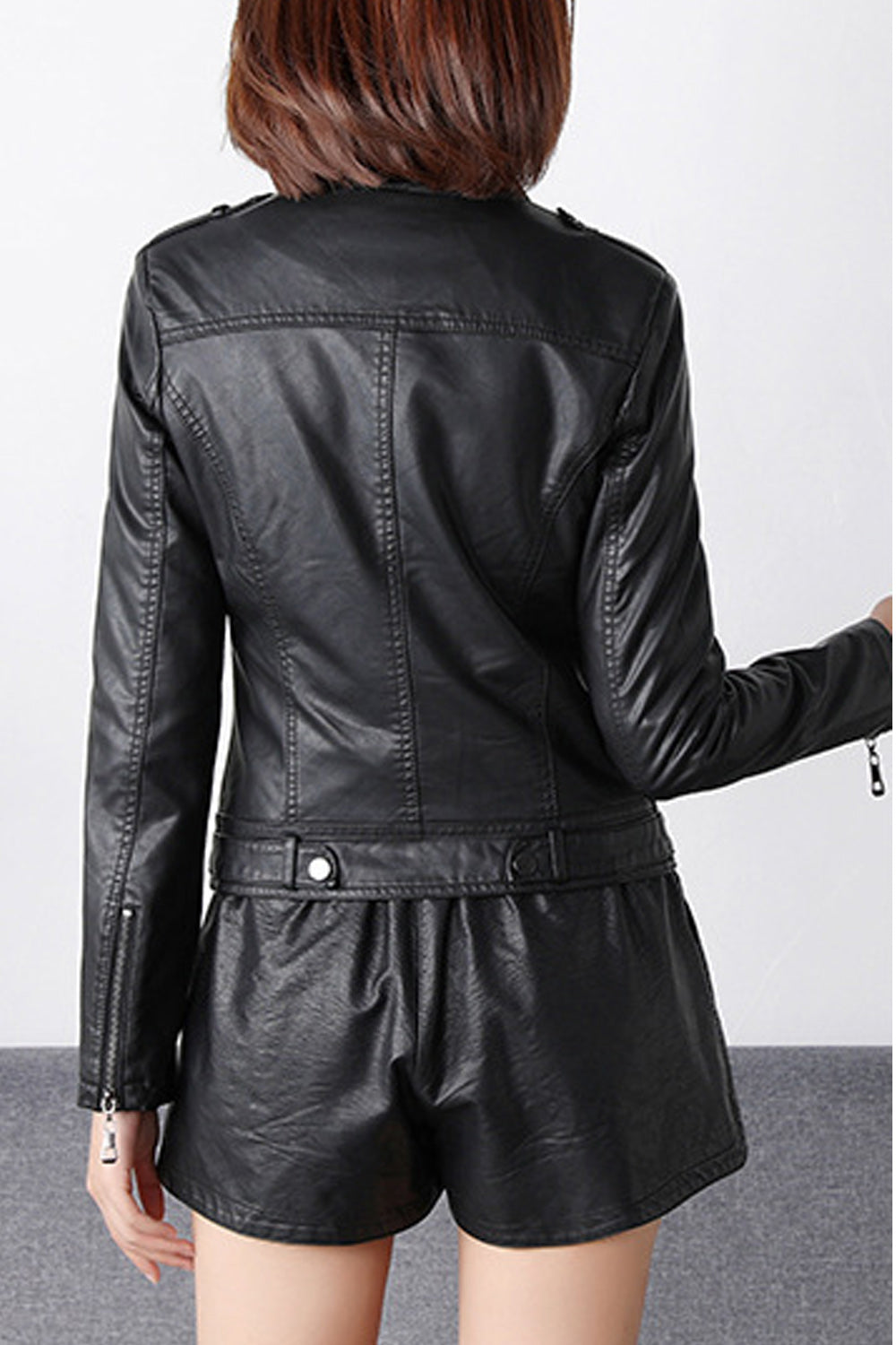 Women Slim Fit Convenient Long Sleeve Solid Pattern Leather Jacket