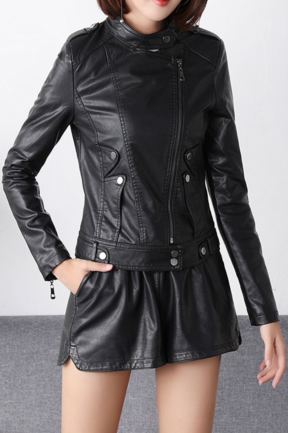Women Slim Fit Convenient Long Sleeve Solid Pattern Leather Jacket