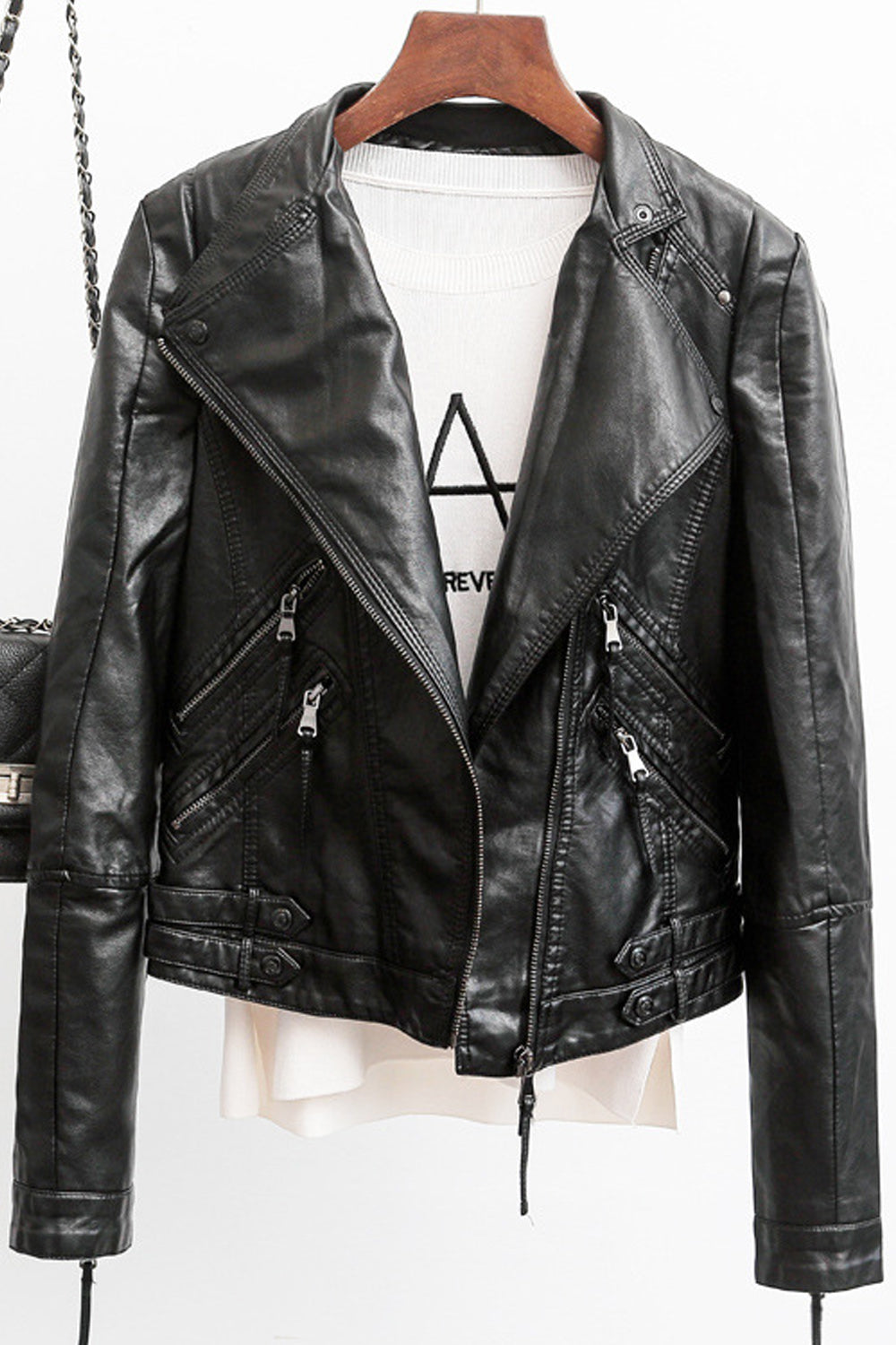 Women Convenient Long Sleeve Big Collar Neck Decent Styled Leather Jacket