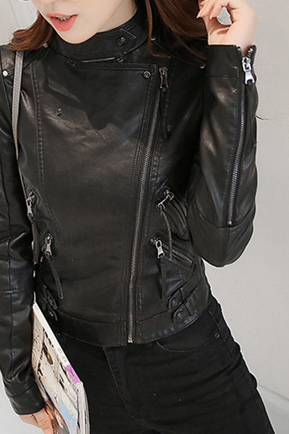 Women Convenient Long Sleeve Big Collar Neck Decent Styled Leather Jacket