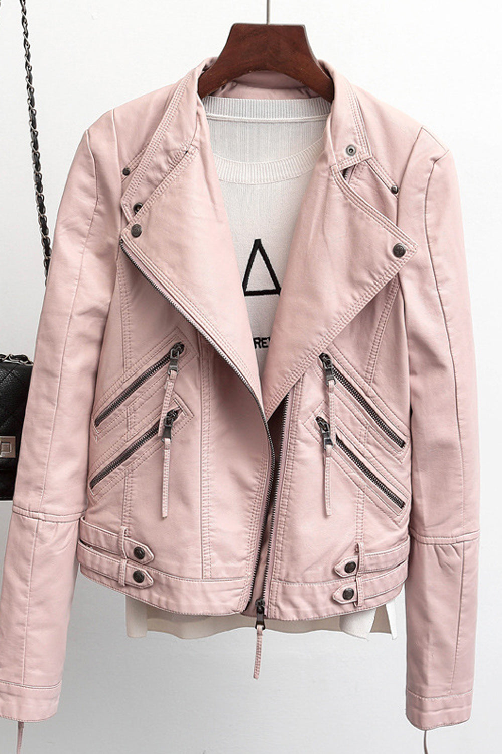 Women Convenient Long Sleeve Big Collar Neck Decent Styled Leather Jacket