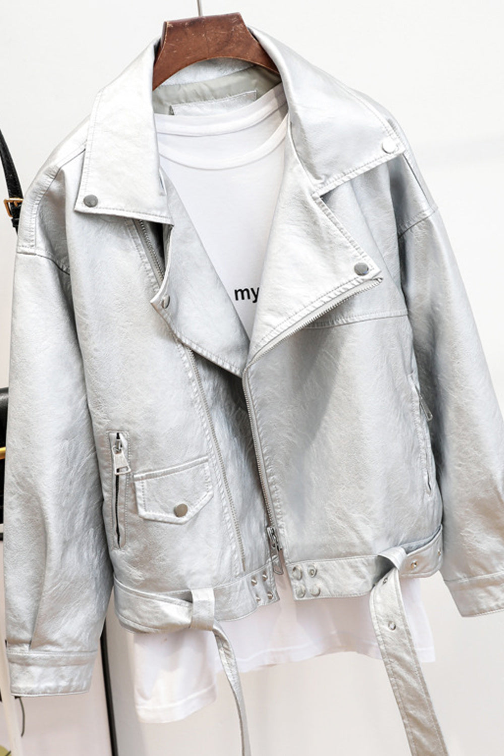 Women Belt Hem Long Sleeve Trendy Collar Neck Breathable Leather Jacket