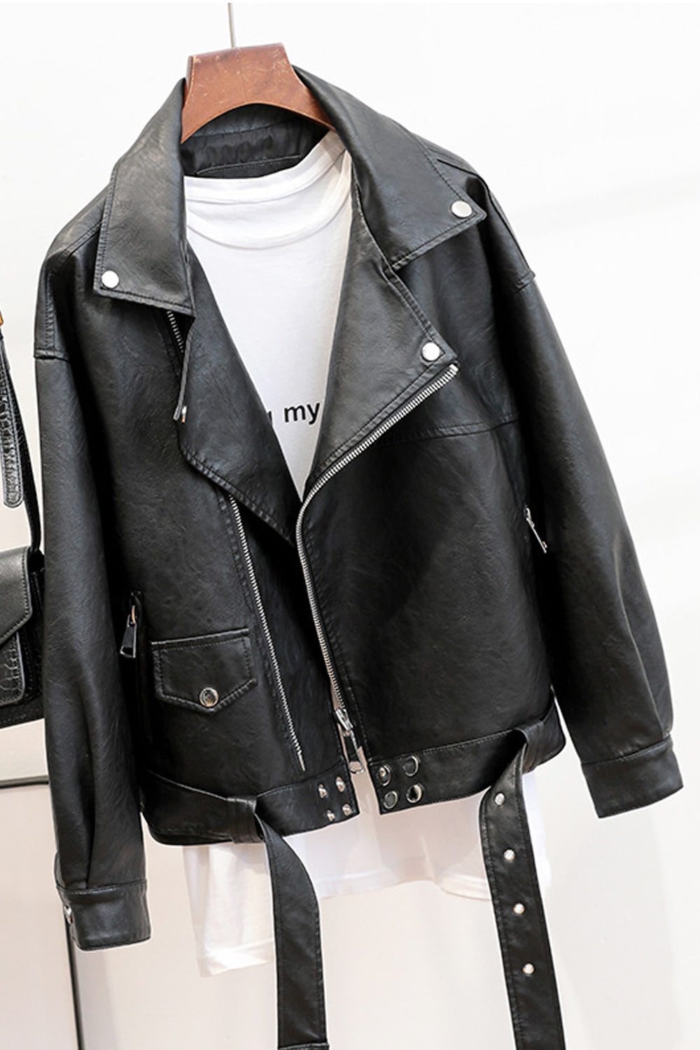 Women Belt Hem Long Sleeve Trendy Collar Neck Breathable Leather Jacket