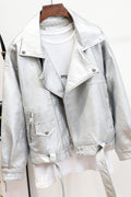 Women Belt Hem Long Sleeve Trendy Collar Neck Breathable Leather Jacket