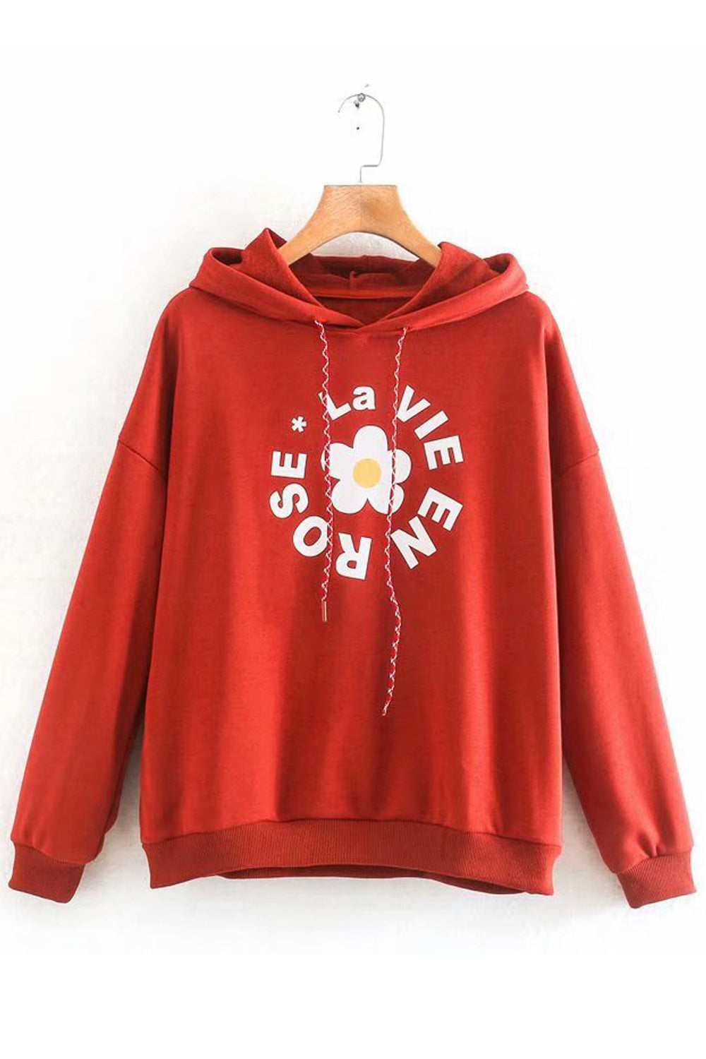Women Letter Printed Attached Hood Loose Fit Warm Hoodie