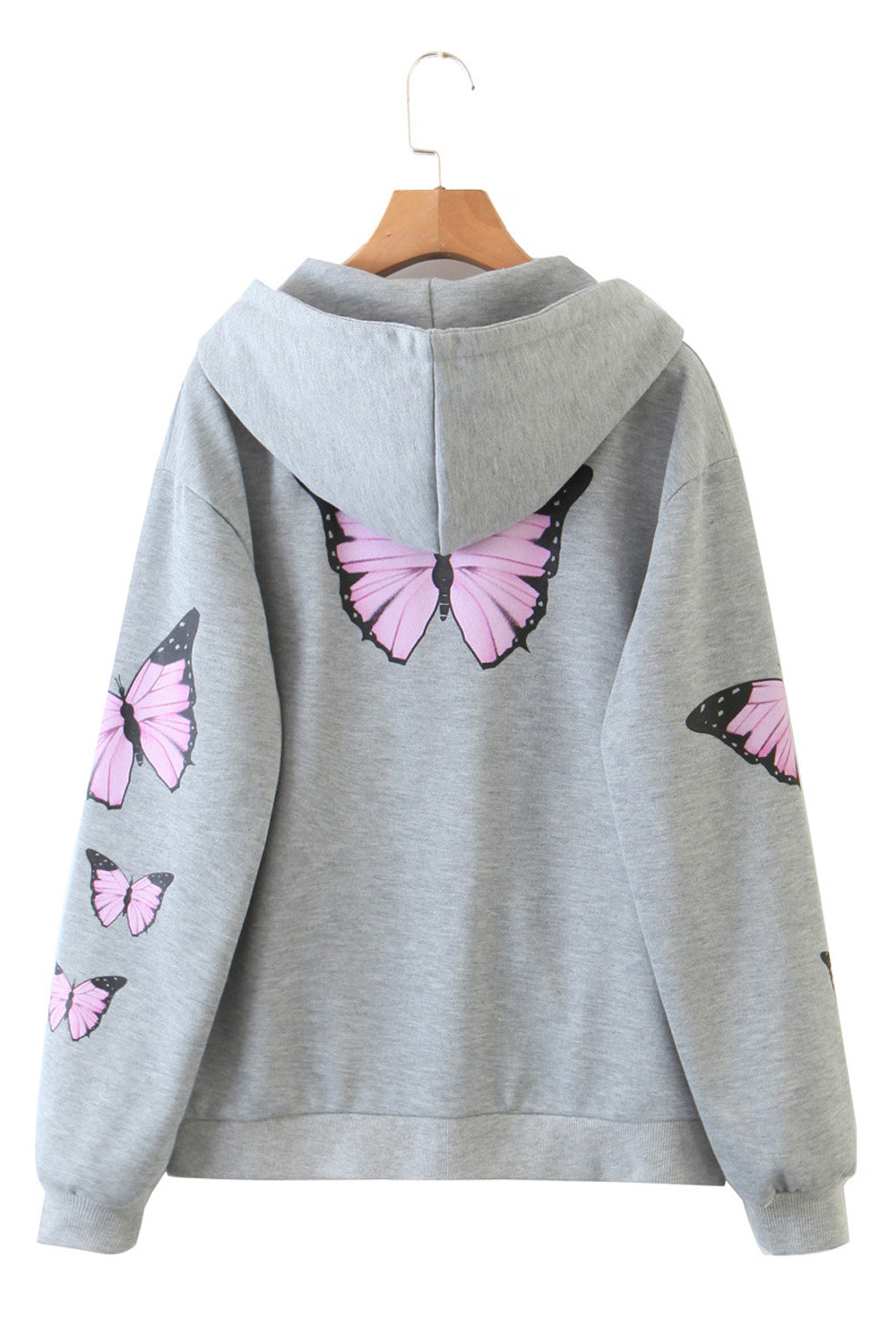Women Butterfly Print Hat Neck Pouch Pocket Loose Hoodie