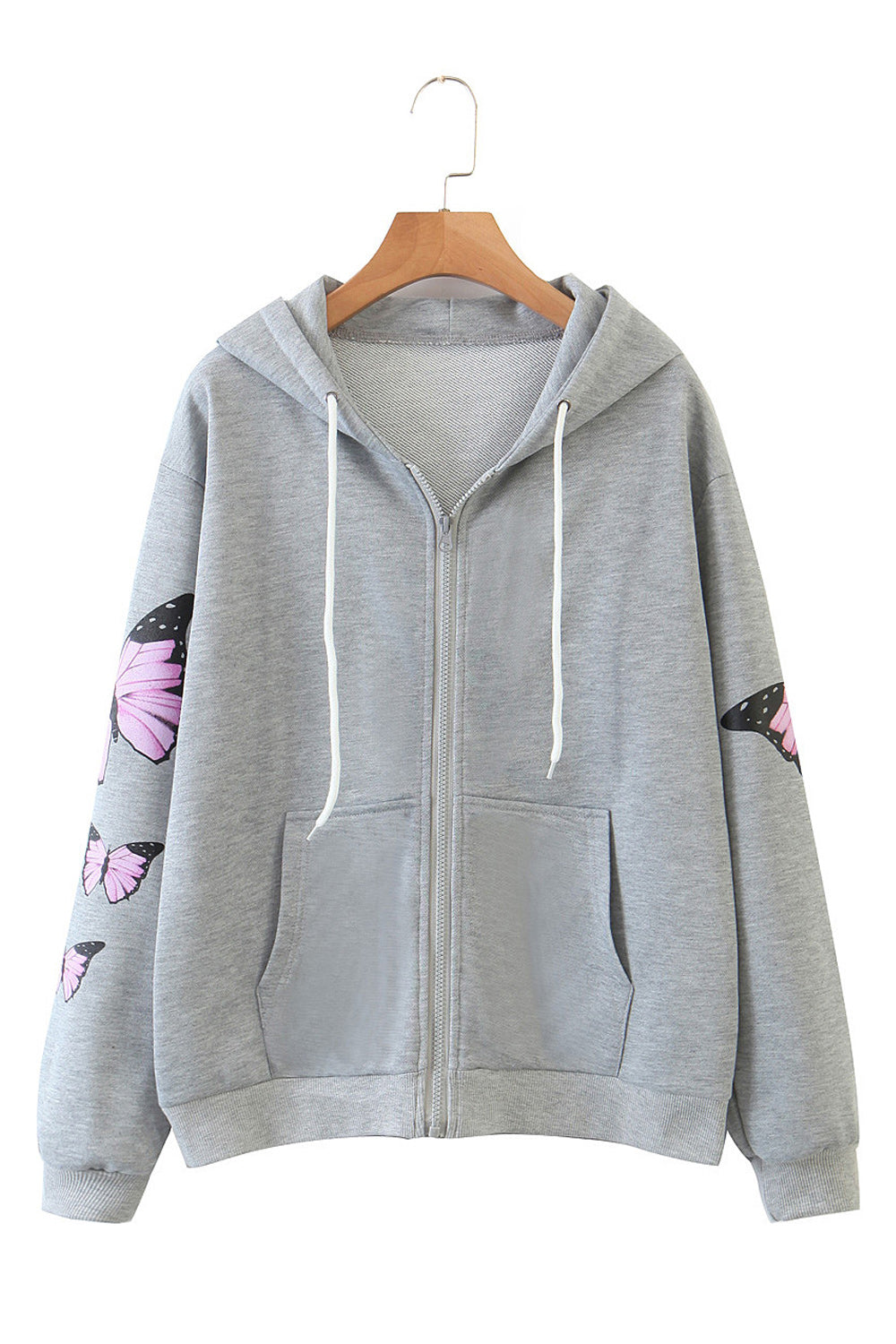 Women Butterfly Print Hat Neck Pouch Pocket Loose Hoodie