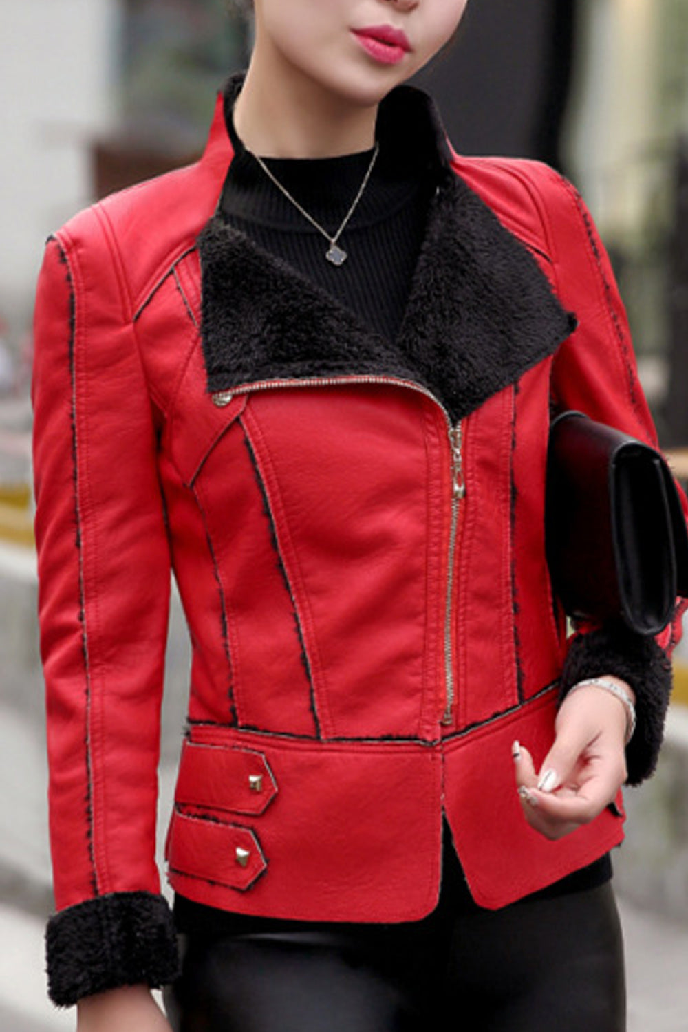 Women Warm Long Sleeve Oblique Zipper Closure Stylish Jacket