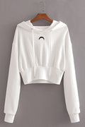 Women Solid Colored Long Sleeve Ribbed Cuff Draw String Hoodie