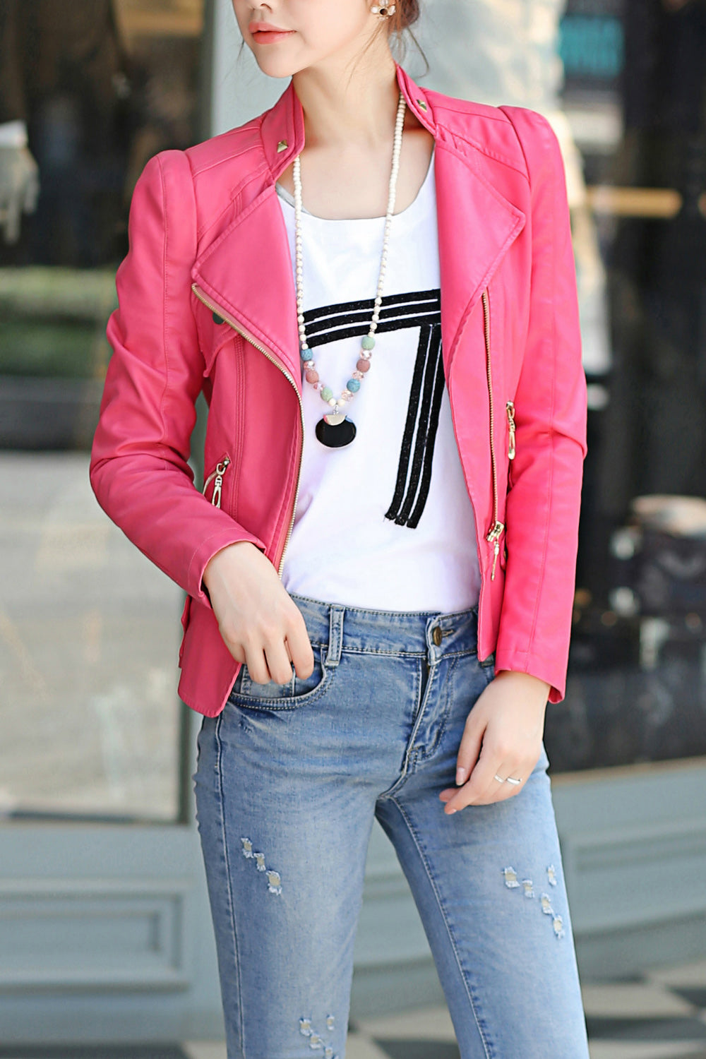 Women Zipper Pocket Long Sleeve Fashionable Solid Pattern Comfy Leather Jacket