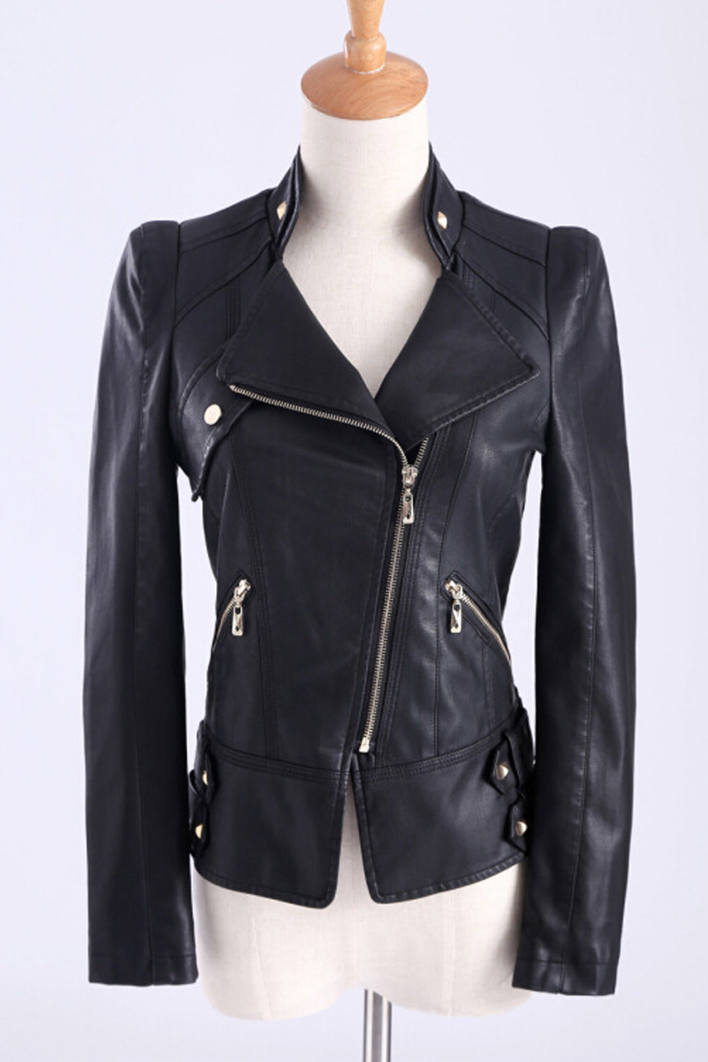 Women Zipper Pocket Long Sleeve Fashionable Solid Pattern Comfy Leather Jacket