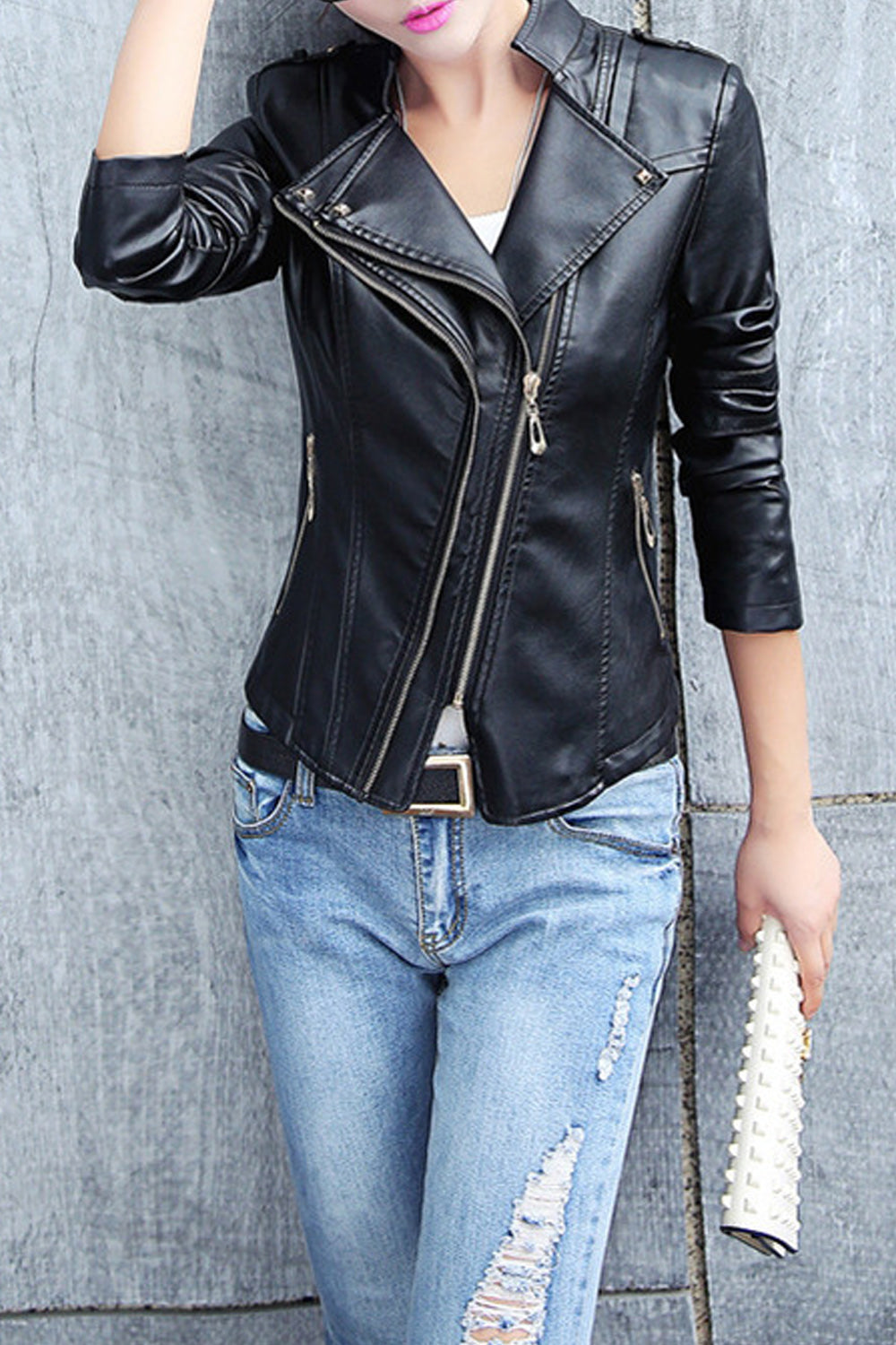 Women Trendy Solid Colored Zipper Pocket Long Sleeve Classy Leather Jacket