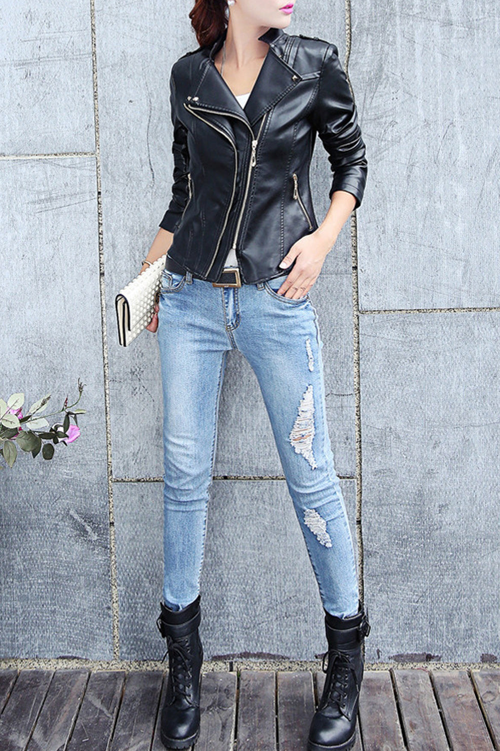 Women Trendy Solid Colored Zipper Pocket Long Sleeve Classy Leather Jacket