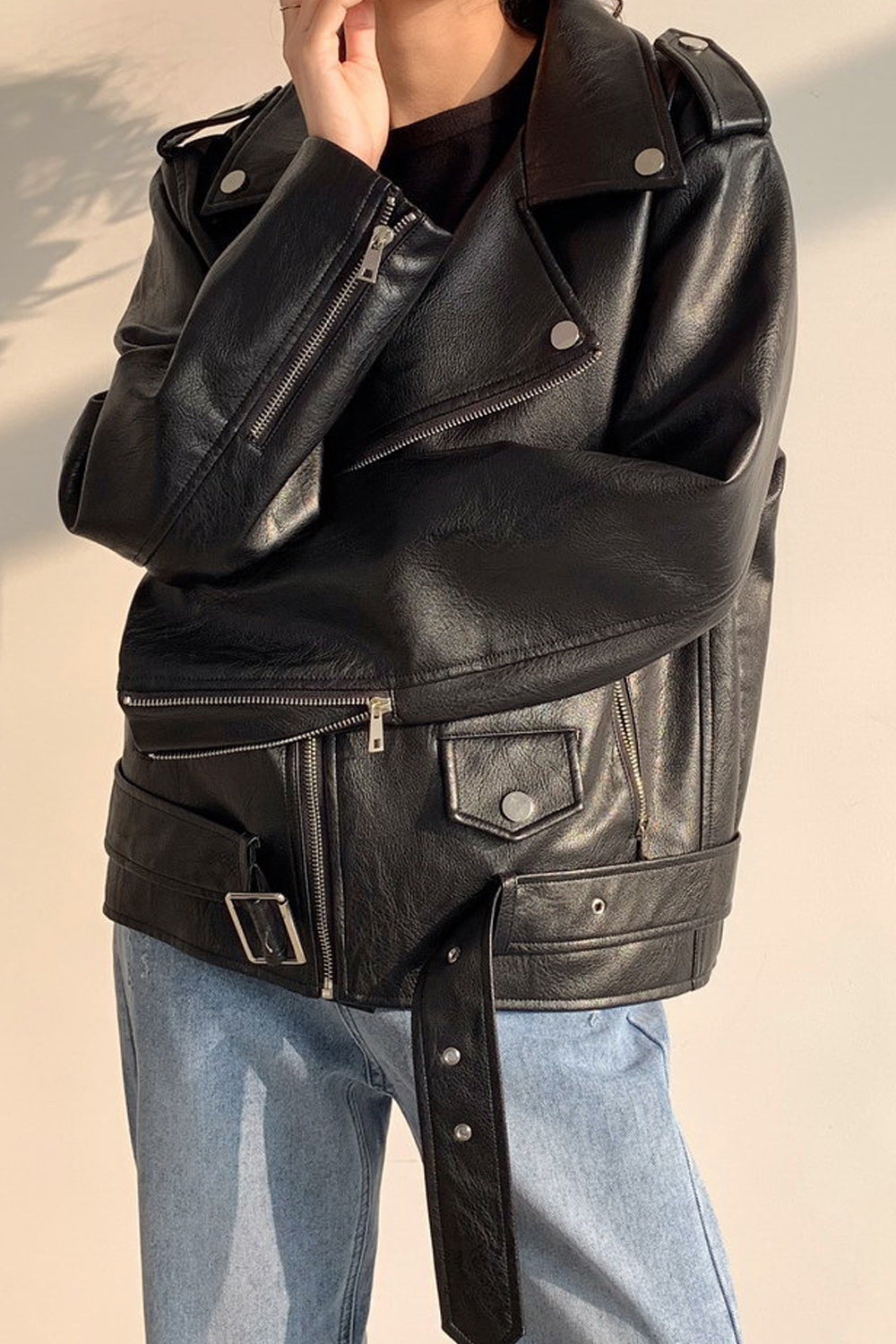 Women Long Sleeve Loose Style Fashionable Warm Soft Leather Jacket