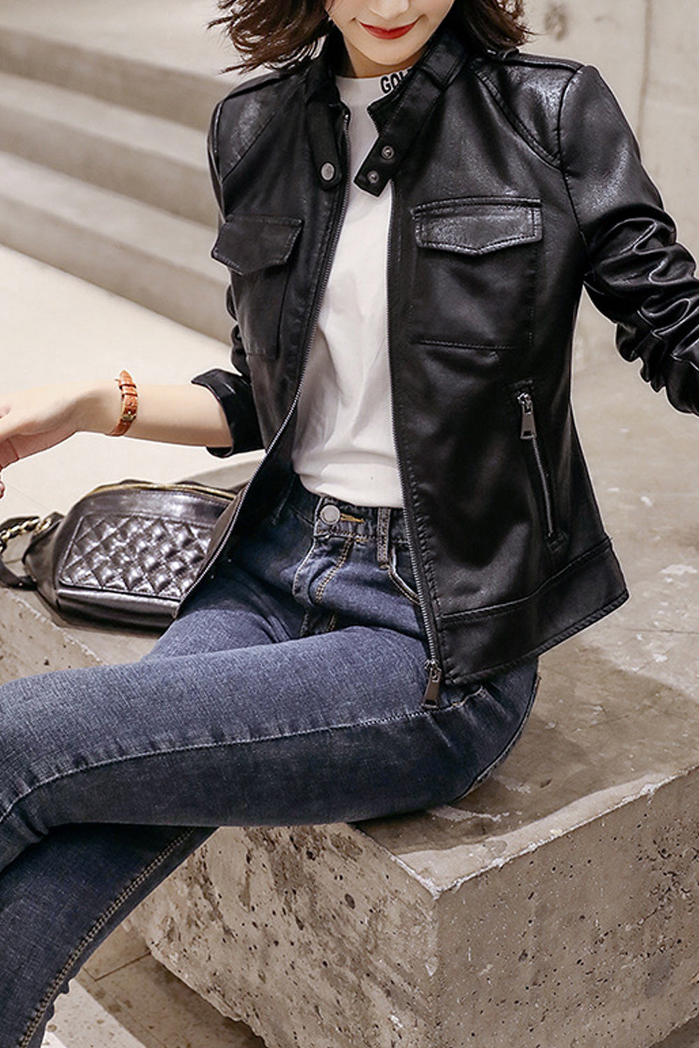 Women Slim Fit Zipper Closure Long Sleeve Fashionable Leather Jacket