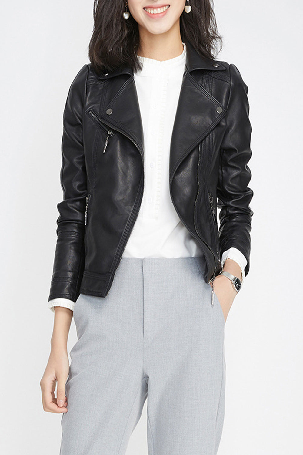 Women Slim Fit Comfortable Long Sleeve Solid Colored Elegant Leather Jacket