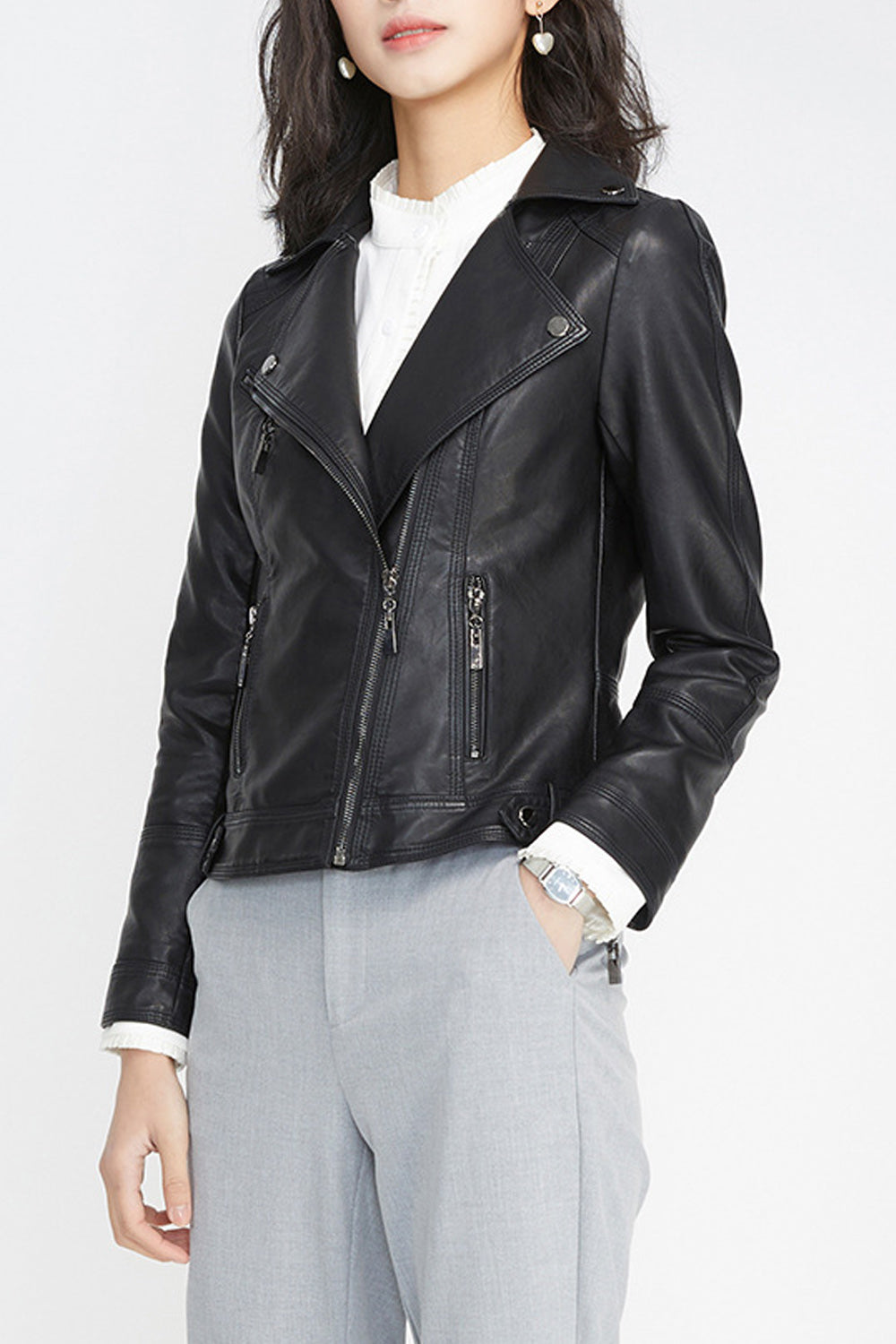 Women Slim Fit Comfortable Long Sleeve Solid Colored Elegant Leather Jacket