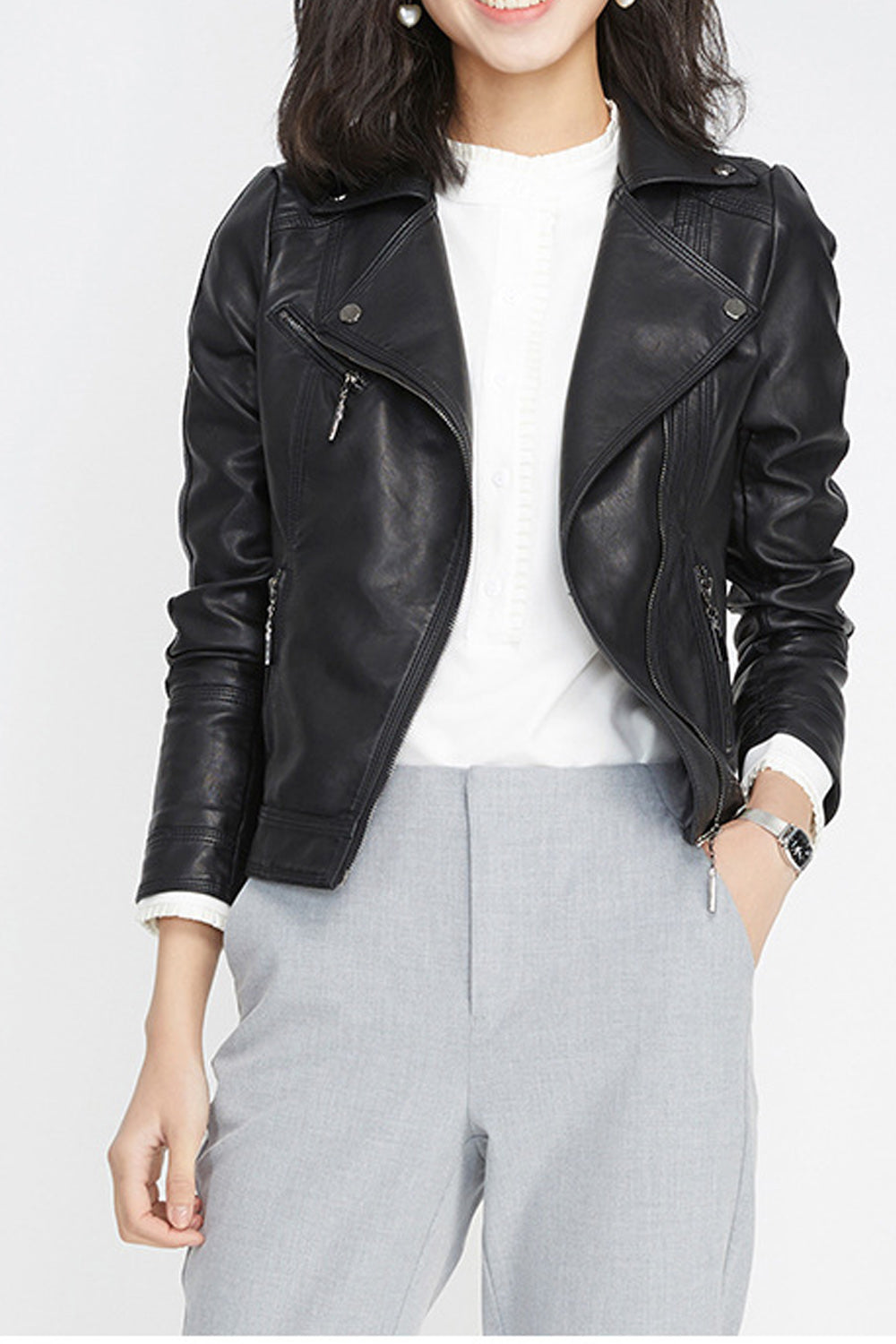 Women Slim Fit Comfortable Long Sleeve Solid Colored Elegant Leather Jacket