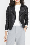 Women Slim Fit Comfortable Long Sleeve Solid Colored Elegant Leather Jacket
