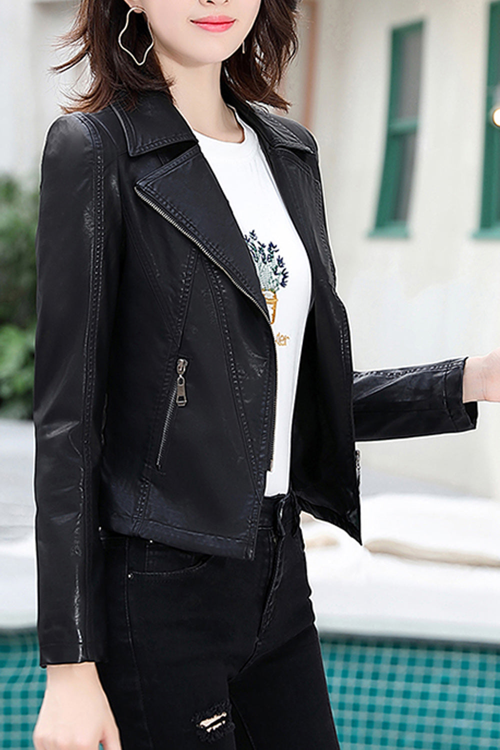Women Slim Fit Long Sleeve Collar Neck Elegant Solid Colored Leather Jacket