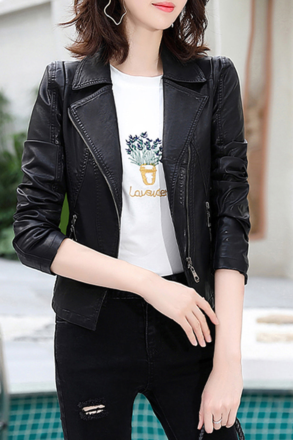 Women Slim Fit Long Sleeve Collar Neck Elegant Solid Colored Leather Jacket