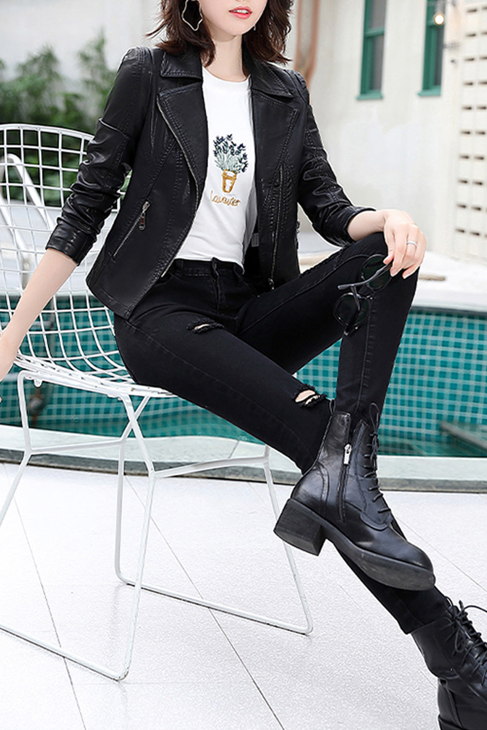 Women Slim Fit Long Sleeve Collar Neck Elegant Solid Colored Leather Jacket