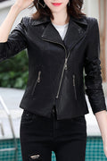 Women Slim Fit Long Sleeve Collar Neck Elegant Solid Colored Leather Jacket