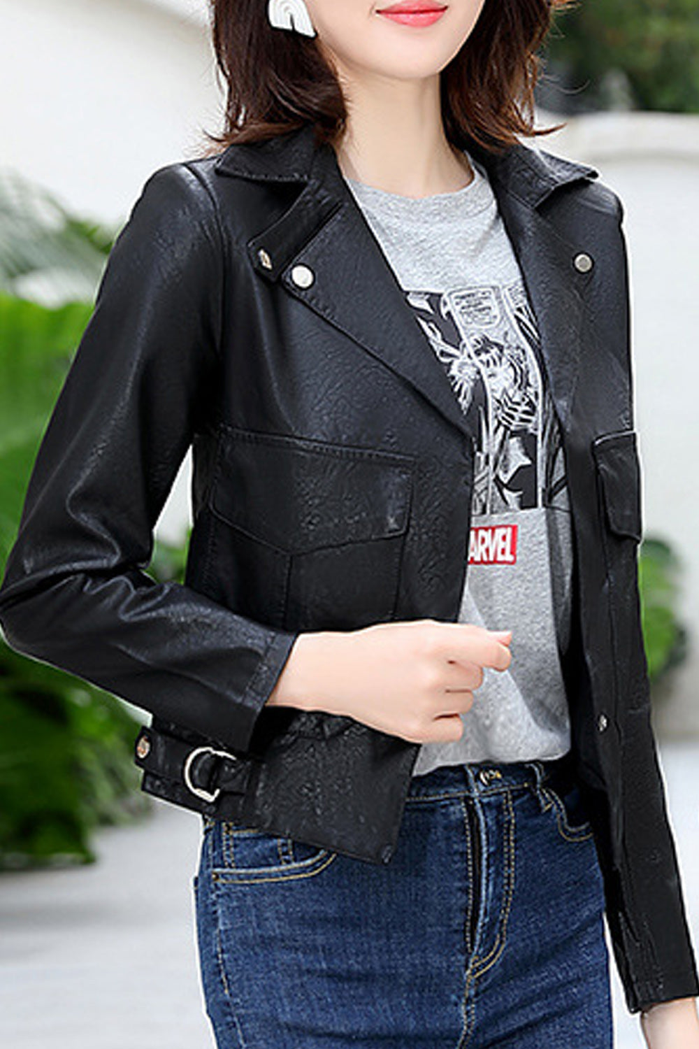 Women Long Sleeve Solid Colored Collar Neck Trendy Stylish Leather Jacket