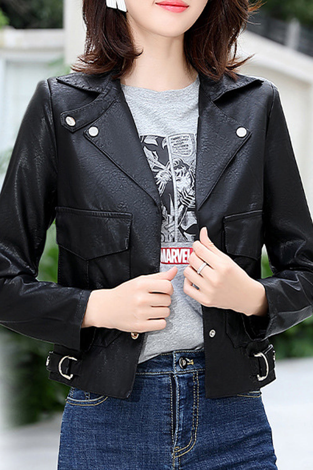 Women Long Sleeve Solid Colored Collar Neck Trendy Stylish Leather Jacket