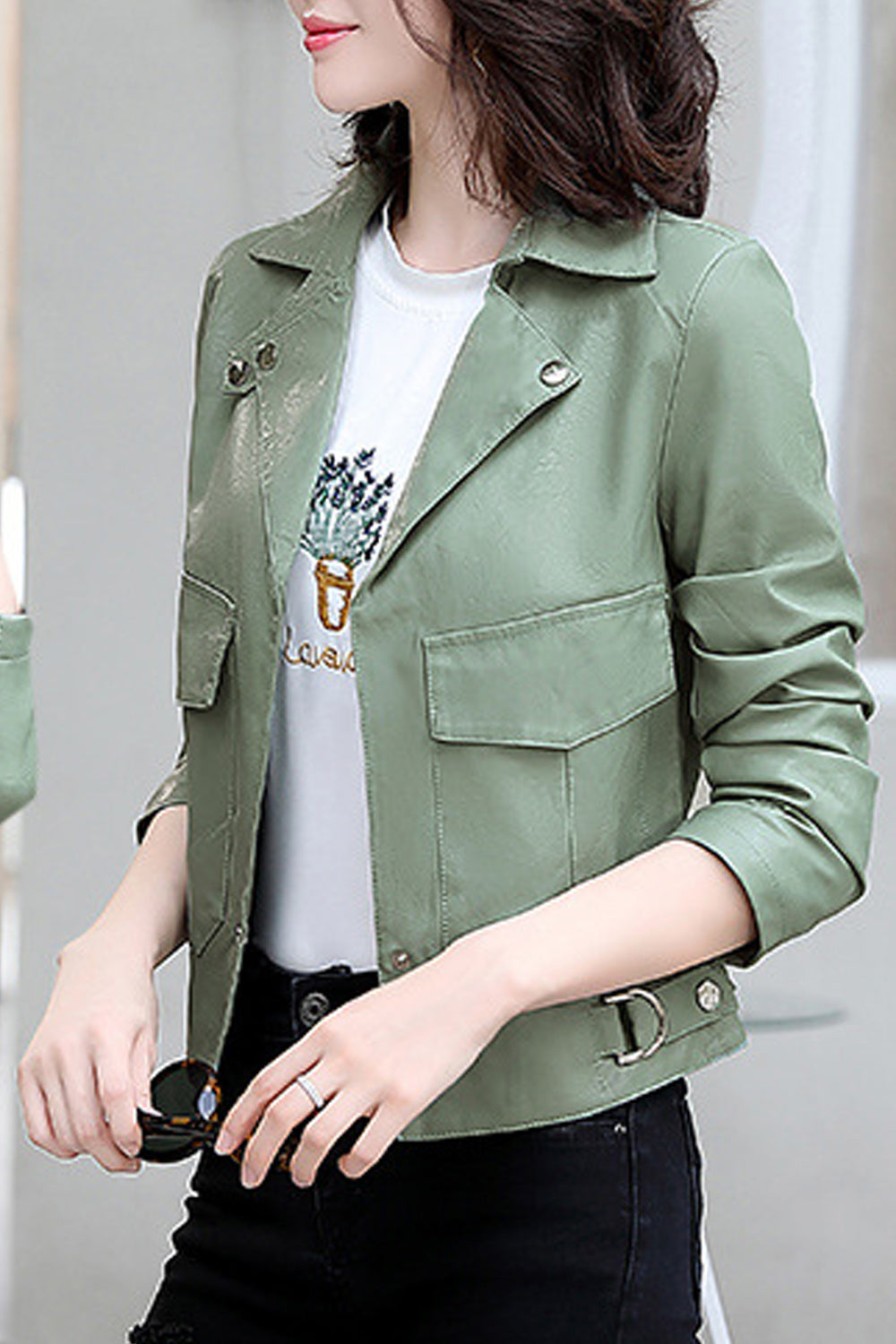 Women Long Sleeve Solid Colored Collar Neck Trendy Stylish Leather Jacket