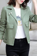 Women Long Sleeve Solid Colored Collar Neck Trendy Stylish Leather Jacket