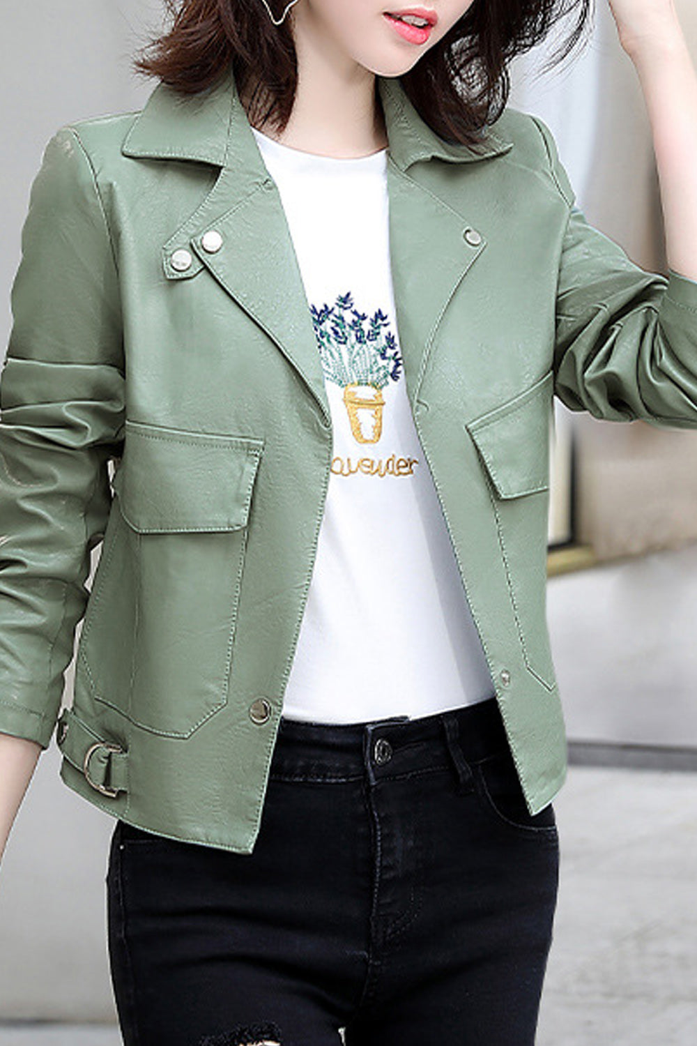 Women Long Sleeve Solid Colored Collar Neck Trendy Stylish Leather Jacket