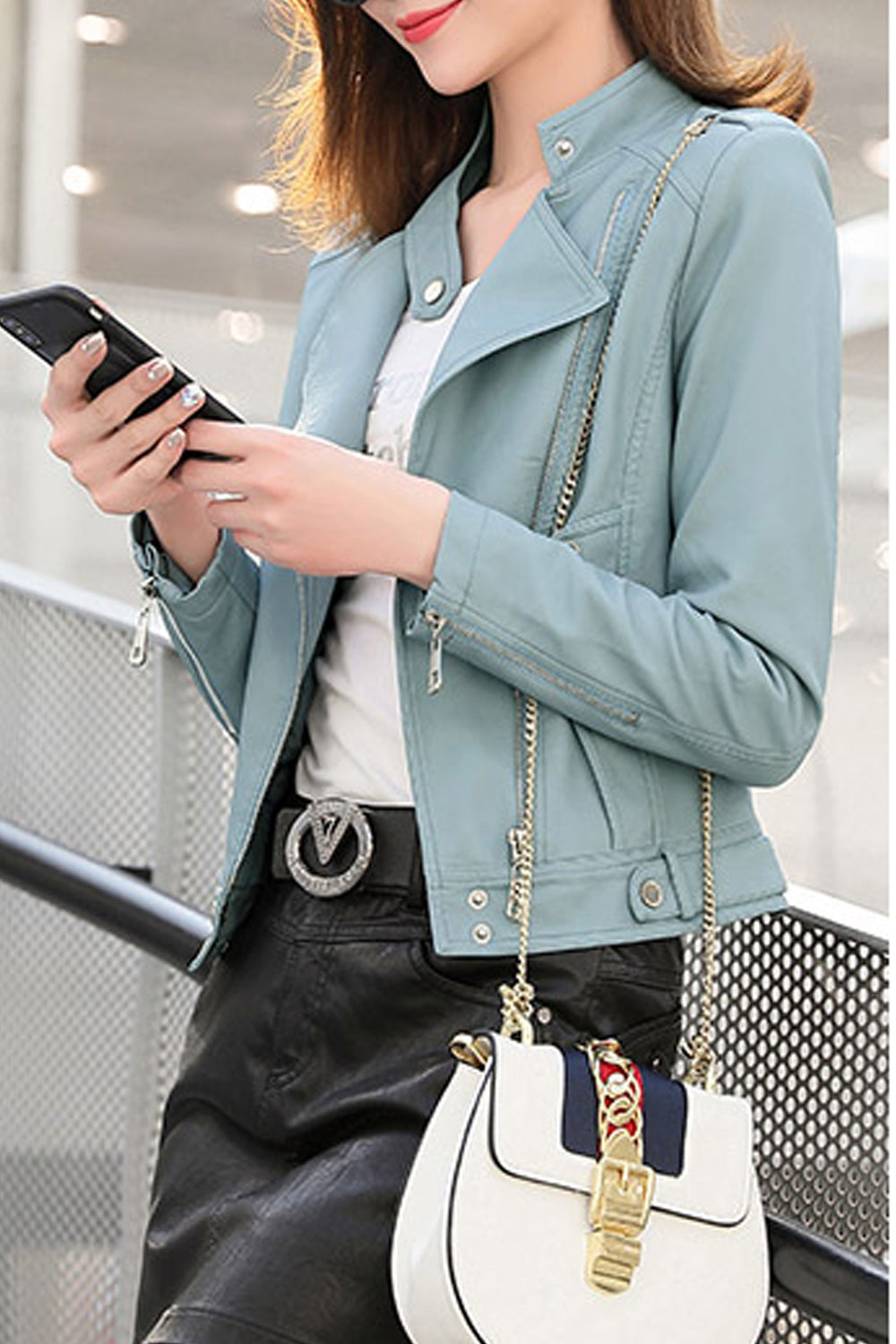 Women Easy Solid Pattern Long Sleeve Zipper Pocket Classy Leather Jacket