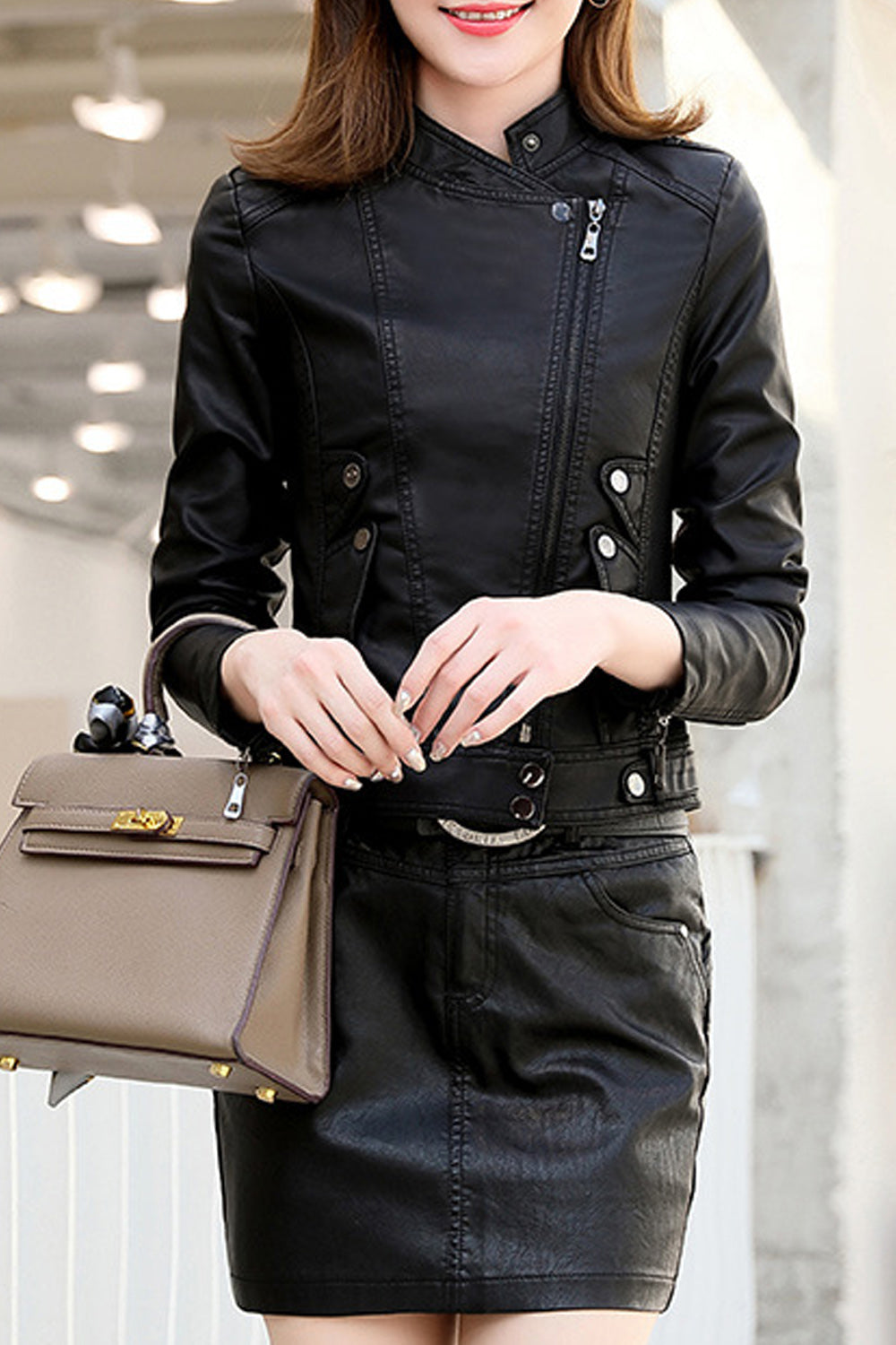 Women Easy Solid Pattern Long Sleeve Zipper Pocket Classy Leather Jacket