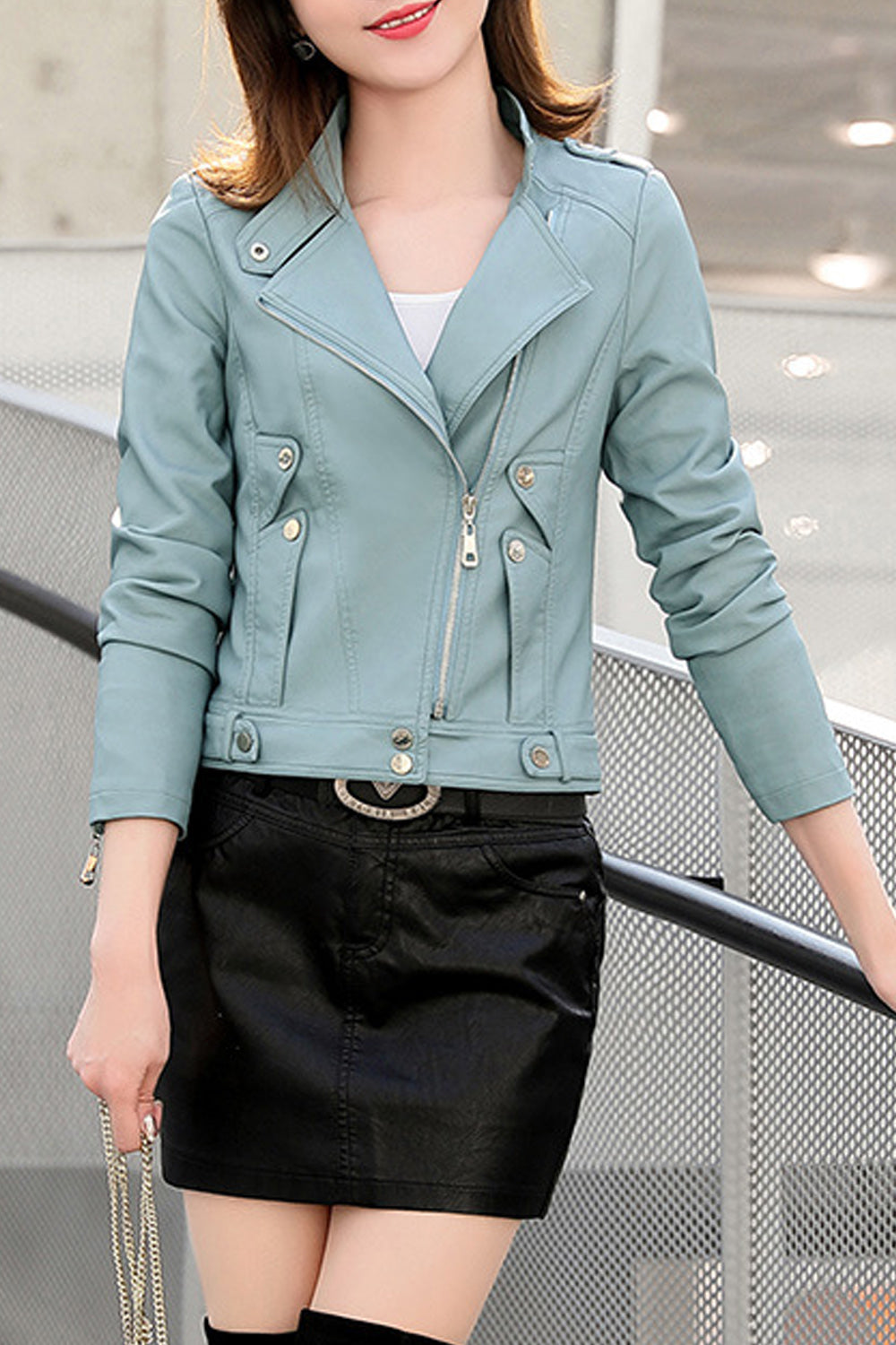 Women Easy Solid Pattern Long Sleeve Zipper Pocket Classy Leather Jacket