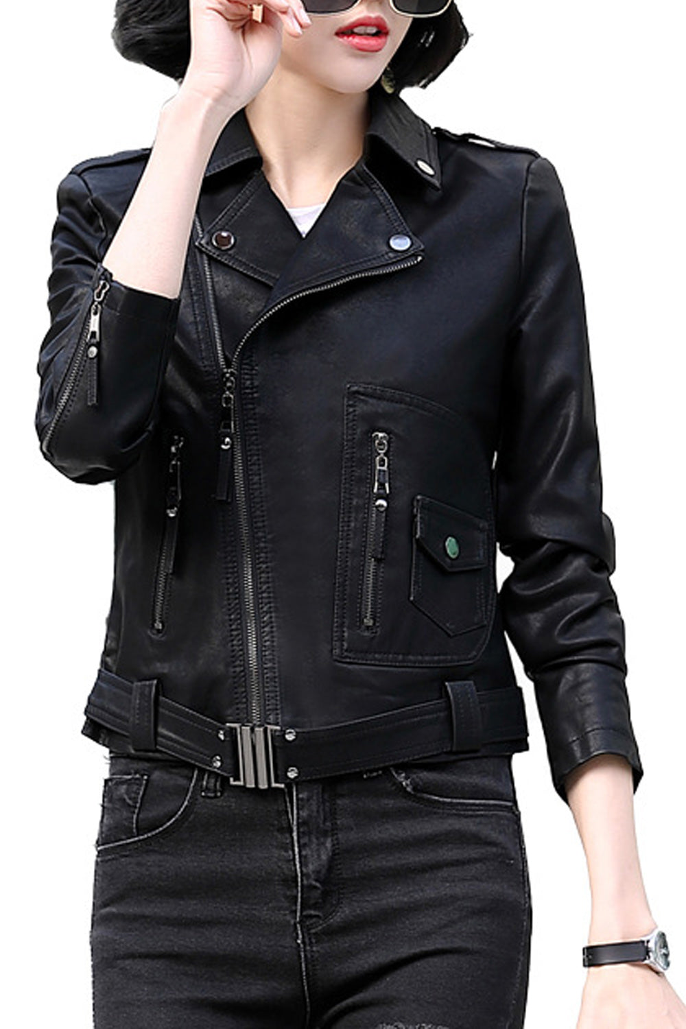 Women Comfy Slim Fit Style Solid Pattern Elegant Long Sleeve Leather Jacket