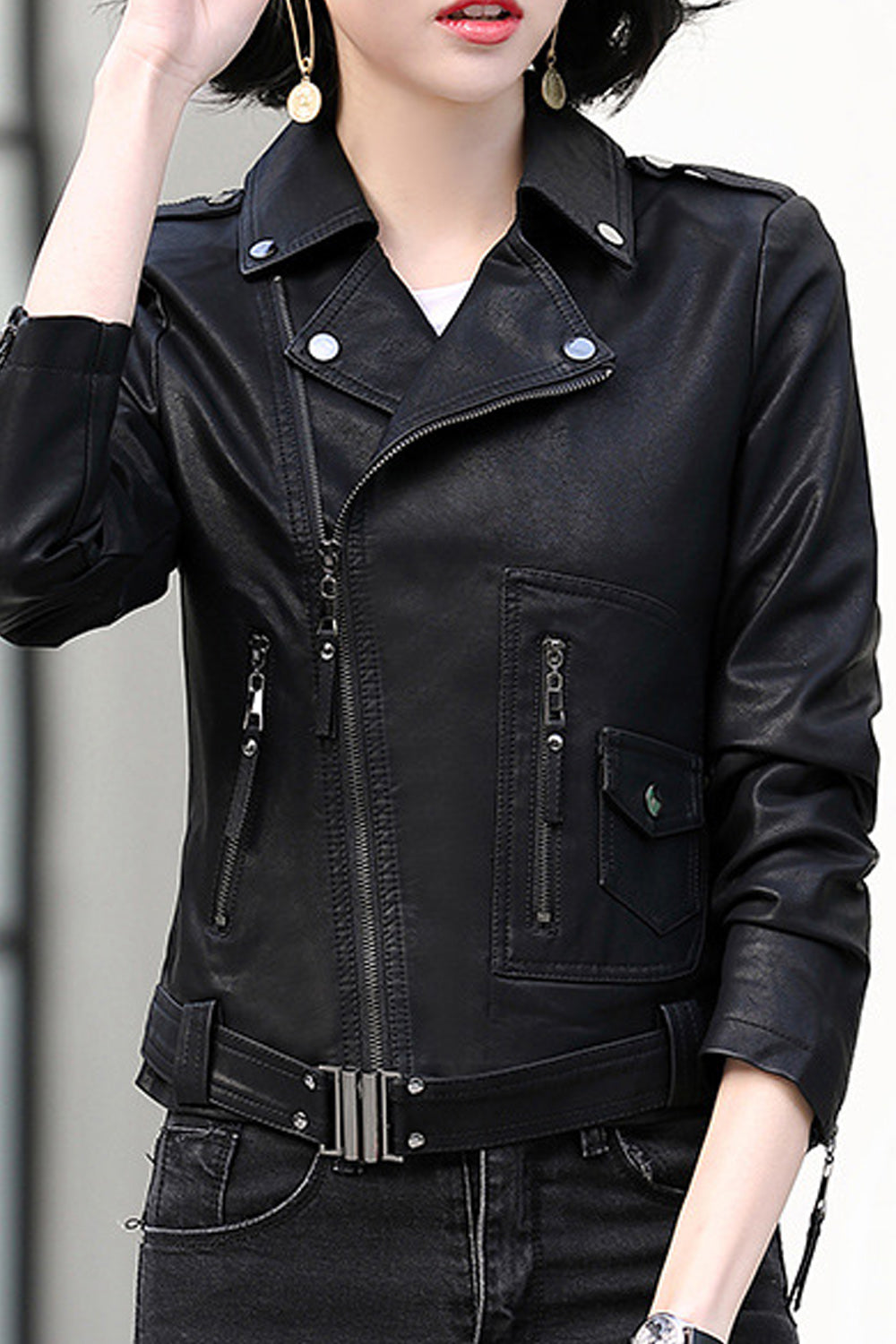 Women Comfy Slim Fit Style Solid Pattern Elegant Long Sleeve Leather Jacket