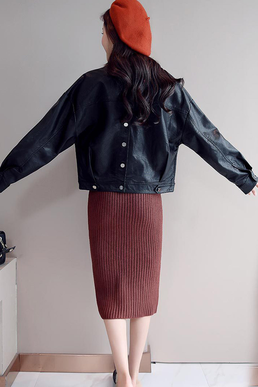 Women Loose Breathable Blackish Long Sleeve Leather Jacket