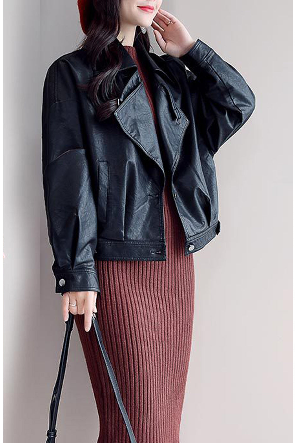 Women Loose Breathable Blackish Long Sleeve Leather Jacket