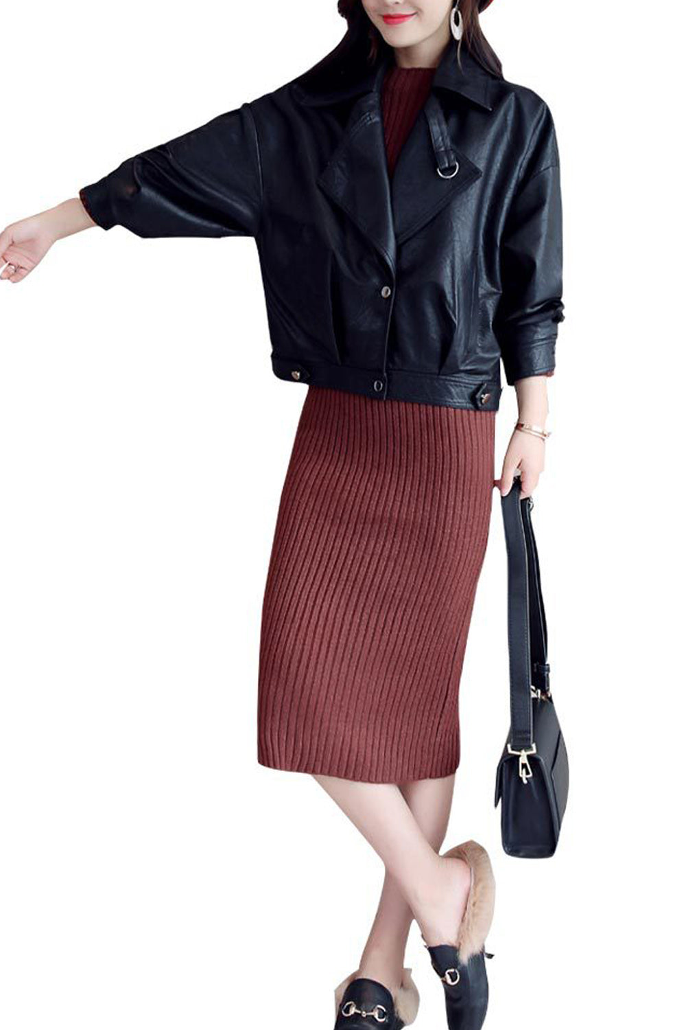 Women Loose Breathable Blackish Long Sleeve Leather Jacket