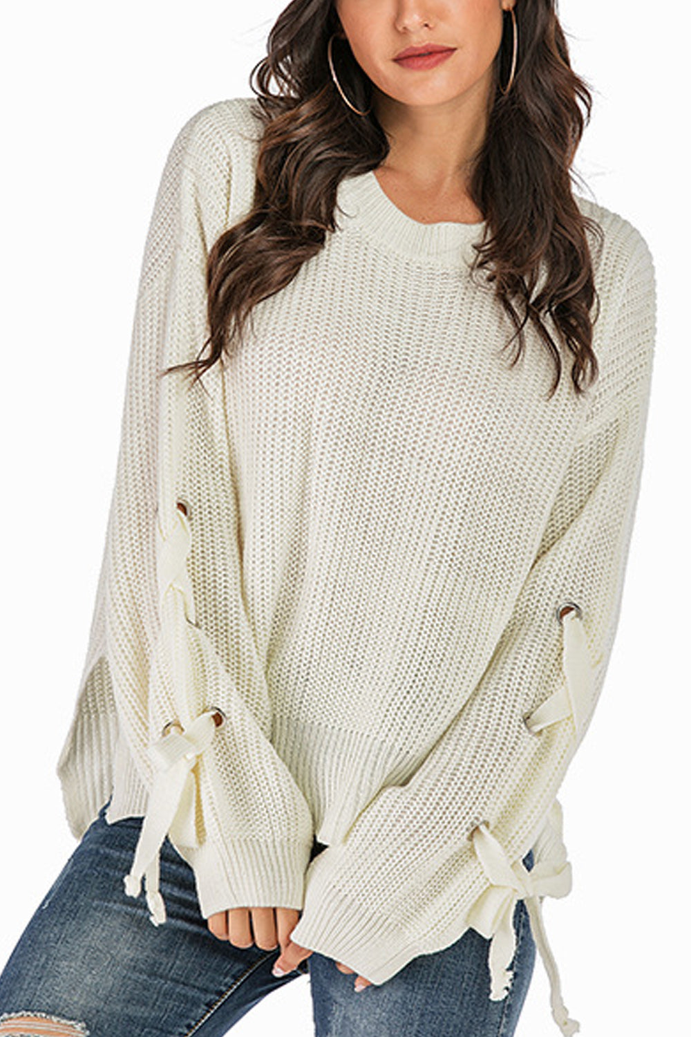 Women Classy Bow Tie Long Sleeve Side Slit Thick Winter Sweater