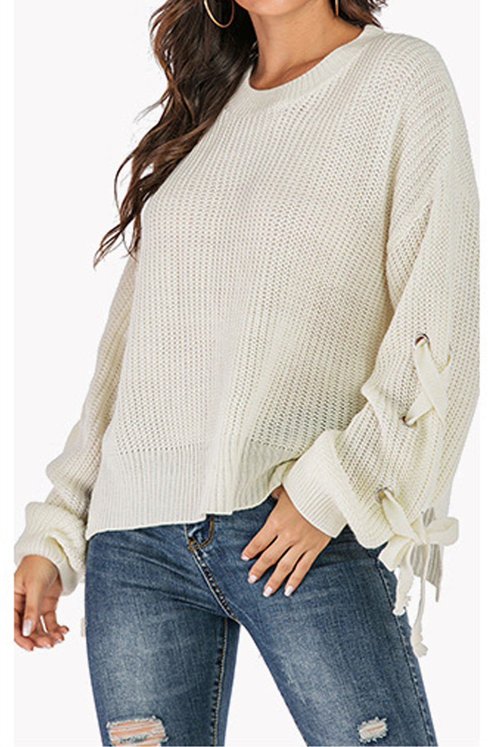 Women Classy Bow Tie Long Sleeve Side Slit Thick Winter Sweater