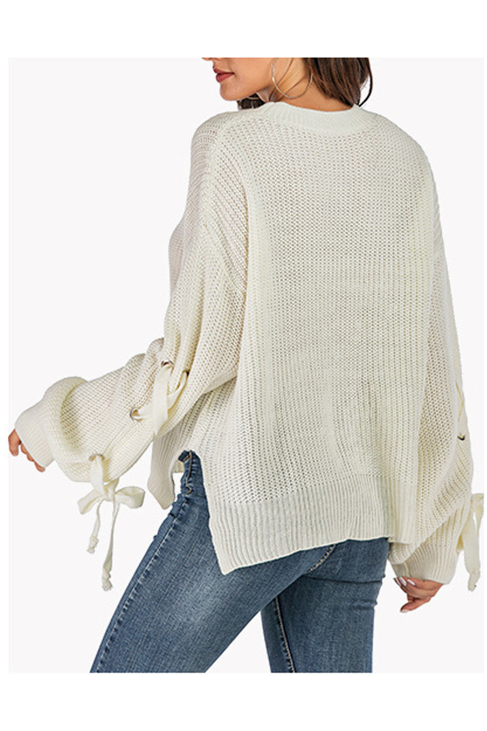 Women Classy Bow Tie Long Sleeve Side Slit Thick Winter Sweater